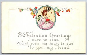 Holiday~St Valentine Greetings~Lady In Frame W/ Hearts~PM 1930~Emb~Vtg Postcard