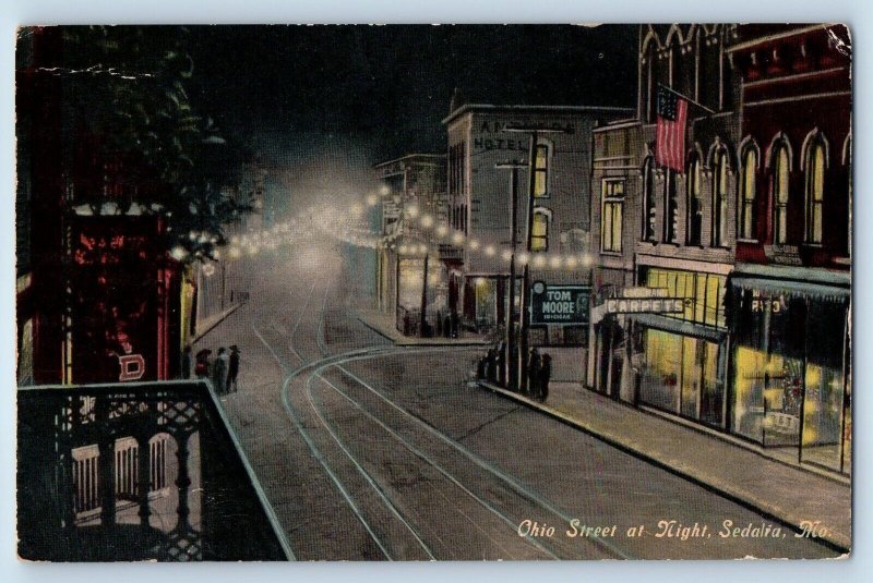 Sedalia Missouri Postcard Ohio Street Night Aerial View Buildings 1910 Vintage