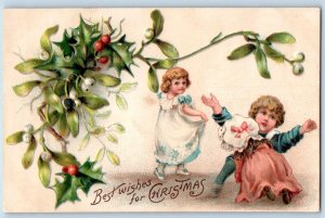 Christmas Postcard Children Mistletoe Holly Berries Embossed Nash c1910's Posted