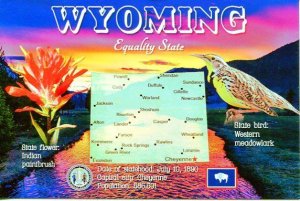 WYOMING Map Postcard - The Equality State -  State Symbols