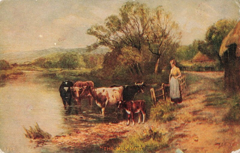 C.1907 The Milk Maid Farm Girl Watering the Cattle Postcard Posted Burlington  