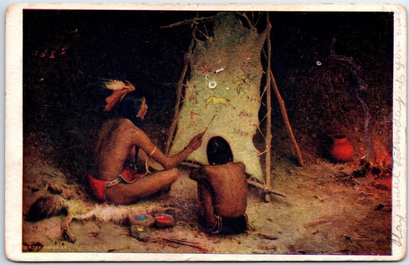 VINTAGE POSTCARD THE HISTORIAN PASSING DOWN NATIVE INDIAN HISTORY LESSONS 1906