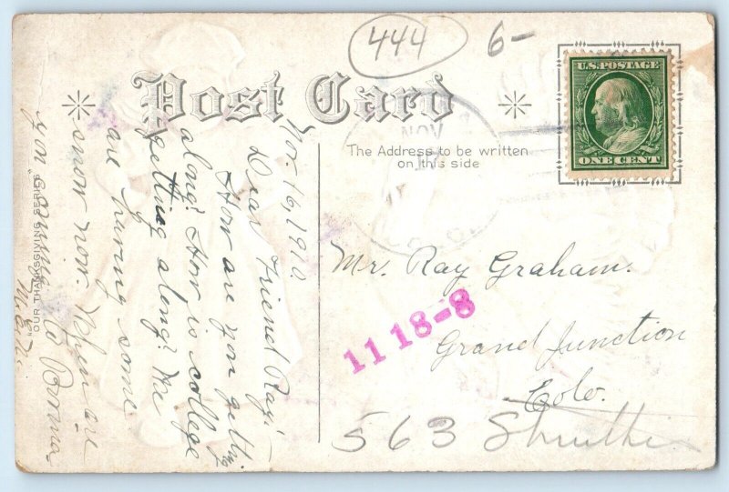 1910 Thanksgiving Turkey And Dutch Kid Embossed Nash Grand Junction CO Postcard
