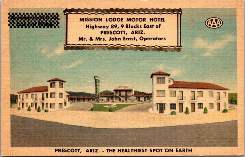 Linen Postcard Mission Lodge Motor Hotel in Prescott, Arizona~137172 