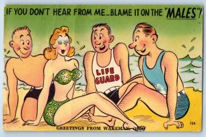 1954 Wakeman Ohio Postcard If You Don't Hear Blame Males Greetings Beach Posted