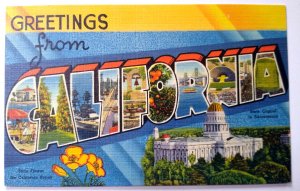 Greetings From California Large Big Letter Linen Postcard Unused Tichnor Vintage