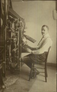 Man at Linotype Machine Work Labor - Gmunden on Back Real Photo Postcard