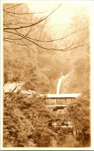 Vtg 1910-30 AZO Sepia Real Photo RPPC Kobe Japan Waterfall & Covered Bridge