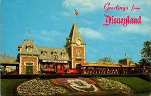 Disneyland Postcard Passenger Train Depot Floral Mickey Mouse Entrance Main St