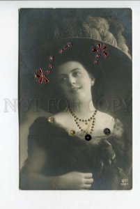 423574 FASHION Lady in Fur HAT EMBOSSED Sequin Vintage PHOTO