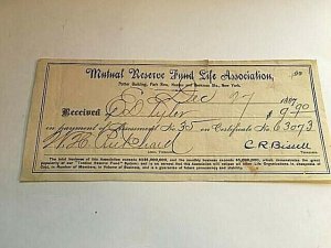 1887 Check drawn on Mutual Reserve Fund Life Association,New York, NY.    Z9