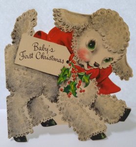 Baby's First Christmas Greeting Card White Lamp Die-cut Vintage 1949 Hallmark