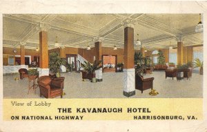 F74/ Harrisonburg Virginia Postcard 1925 The Kavanaugh Hotel Lobby