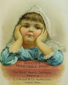 1870's-80's Hood's Vegetable Pills Adorable Child Bonnet Blue Dress P43