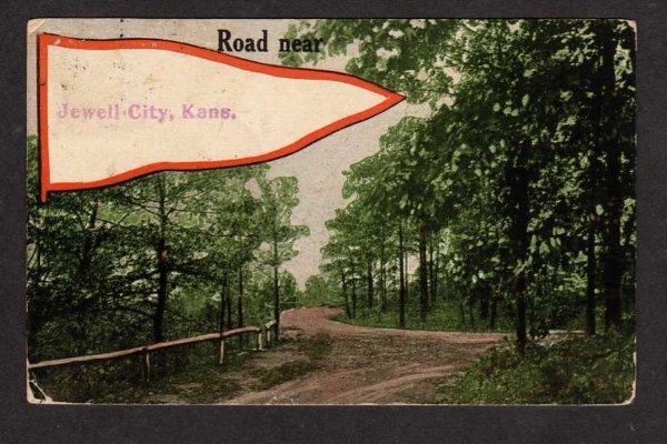 KS Road Near JEWELL CITY KANSAS Pennant Postcard 1914