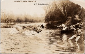 Timmins Ontario Exaggeration Huge Fish Fishing Canadian Co Postcard H2 *as is