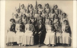 Patriotic Women's Group Holding Flags Sashes Sword c1910 Real Photo Postcard