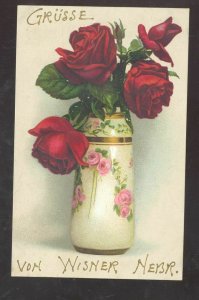GRUSSE VON WISNER NEBRASKA BEAUTIFUL RED ROSES VASE VINTAGE POSTCARD 1912