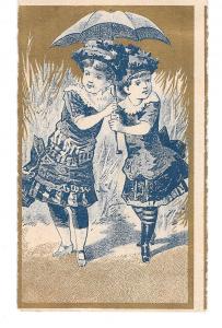Victorian Chromo Two Girls Under Umbrella Blue and Gold Card