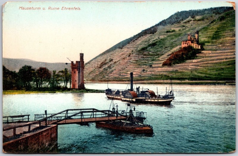 Mauseturn U Ruine Ehrenfels Hesse Germany Pier Boats and Ships Mountain Postcard