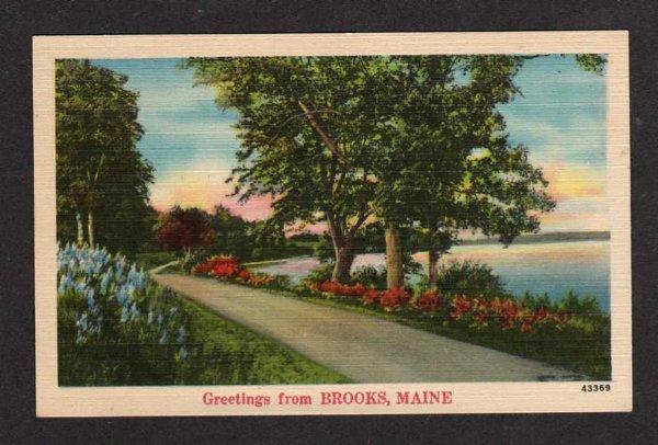 ME Greetings from BROOKS MAINE Postcard Linen PC