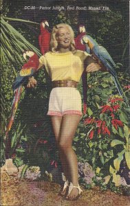 Sexy Woman w Birds, Parrot Jungle, Miami FL, 1930-45 Linen, Shorts, Map, Blonde