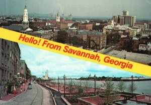 Vintage Postcard Downtown Area & Savannah Waterfront Hello From Savannah Georgia