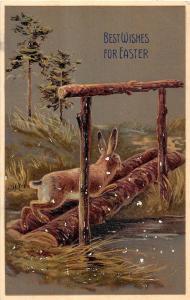 Easter Wishes bunny crossing log bridge over stream antique pc (Y5919)