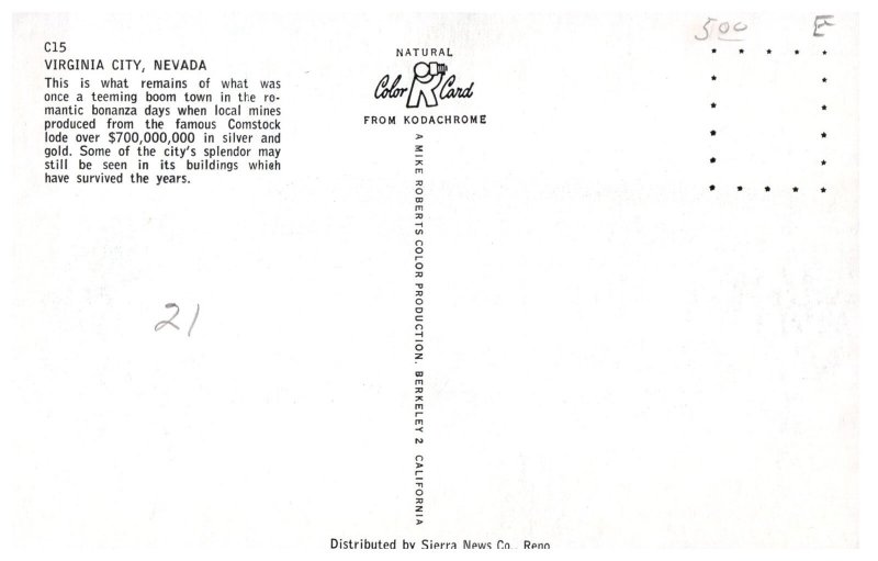 Virginia City Nevada Comstock Lode Boom Town Vintage Kodachrome Postcard