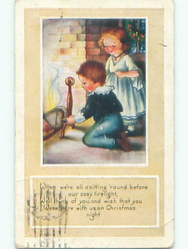 Pre-Linen christmas CUTE GIRL WATCHES BOY WITH FIREPLACE BELLOWS k1275