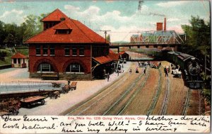 Vintage Postcard Erie Train No. 1235 Going West Depot Station Akron, Ohio KJ3