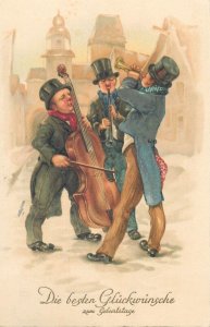 Birthday greetings chromo postcard 1928 comic cello trumpet musical caricatures