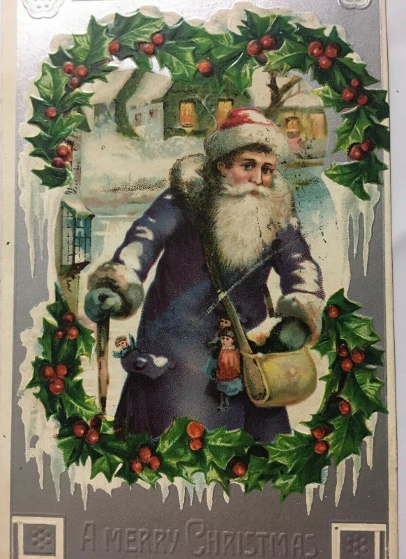 A Merry Christmas 1907 Purple Blue Coat Santa Holly Silver Postcard 