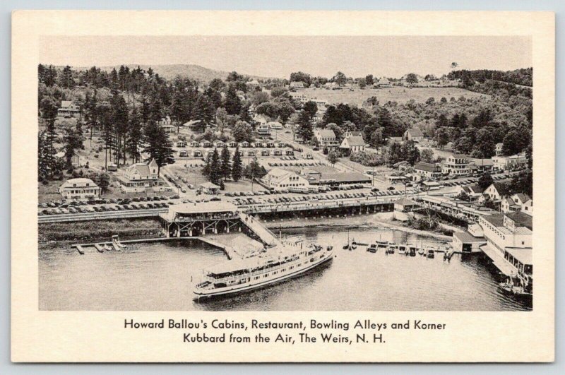 The Weirs NH~Howard Ballou's Cabins~Bowling~Korner Kubbard~1940s Air View~B&W 