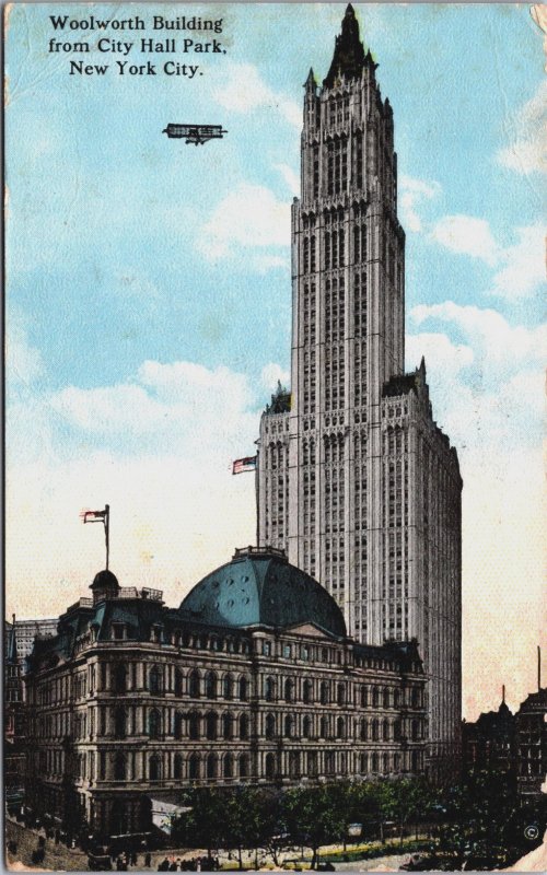 Woolworth Building From City Hall Park New York City Small Plane Postcard C142