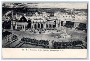 1909 Aerial View Terminal Rail Road Station Trolley Crowd Washington DC Postcard