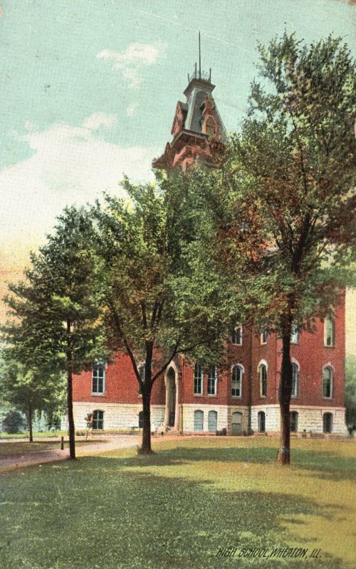 Vintage Postcard 1907 Outside View With Trees High School Wheaton Illinois IL