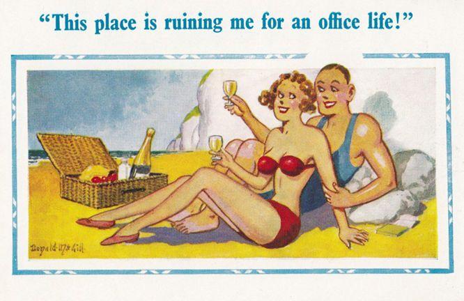 Champagne In Beach Hamper Rude Office Getaway Holiday Comic Humour Postcard