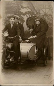 Motorcycle Studio Image Sidecar & People Parasol 1920s Real Photo Postcard