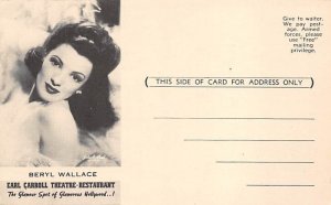 Beryl Wallace Earl Carroll Theatre Restaurant View Postcard Backing 