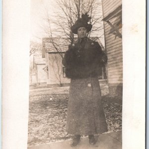1910s Classy Lady Outdoors House RPPC Huge Fur Hand Warmer Woman Real Photo A261