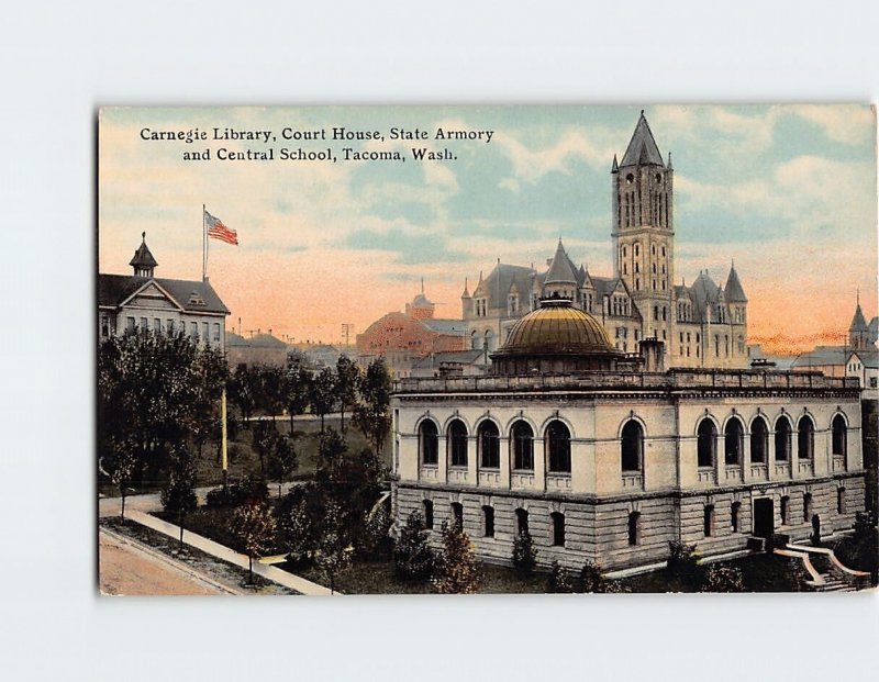 Postcard Carnegie Library, Court House, State Armory and Central School, WA