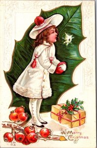 Christmas Postcard Little Girl Holding Snowball, Package, Holly