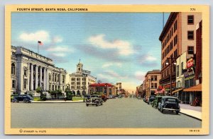 Santa Rosa California~4th St Road View~Flag~Cars~Beaux-Arts~Linen 1940s Postcard