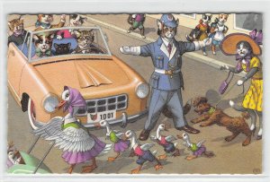 Cats Driving Car Traffic Cop Ducks Dog Mainzer Comic Art Belgium 4877 Vintage