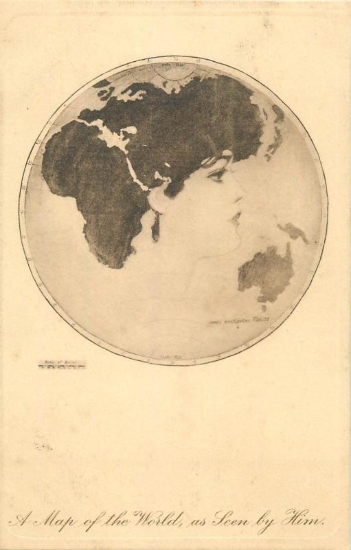 RARE Lady hair surrealism globe map of the World by James Montgomery Flagg 