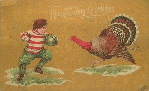 Postcard Thanksgiving Turkey football boy comic humor C-1910 23-7433