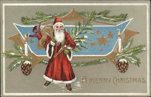 Christmas Santa Claus Jester Doll Pine Cones Gilt Embossed c1900s-20s Postcard