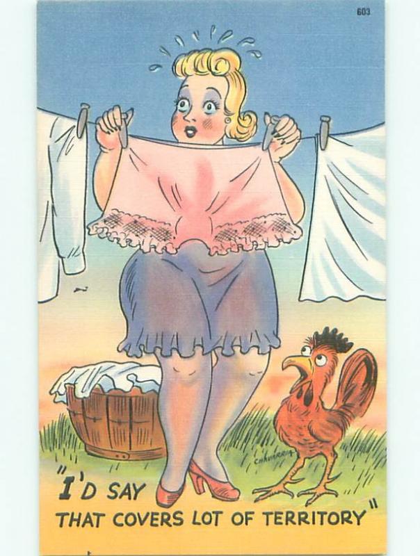 Linen Risque signed FAT WOMAN HANGS HER PANTIES ON CLOTHES LINE AB6786