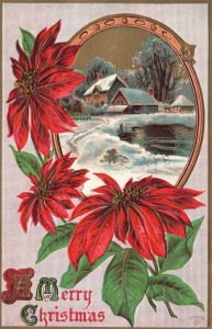 Vintage Postcard 1910 A Merry Christmas Flowers Snow Houses Lake Trees Greeting